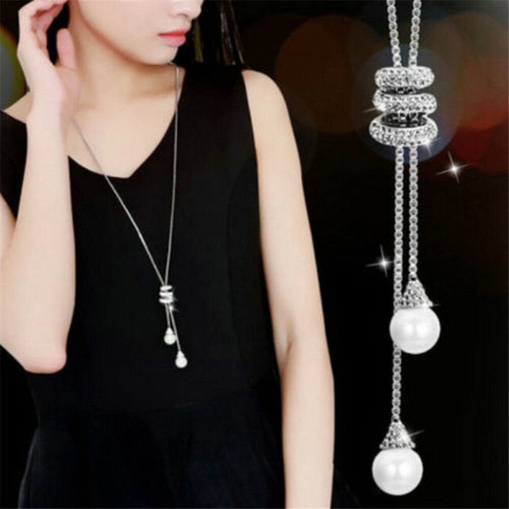 Long Silver And Pearl Tassel Necklace